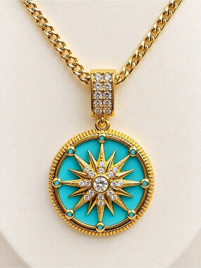 Gold-Filled Turquoise Blue Sunburst Compass Pendant Necklace 20”